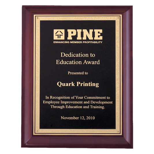 7" x 9" Hand Rubbed Cherry Finish Plaque with Gold Florentine Border Black LaserFX Plate