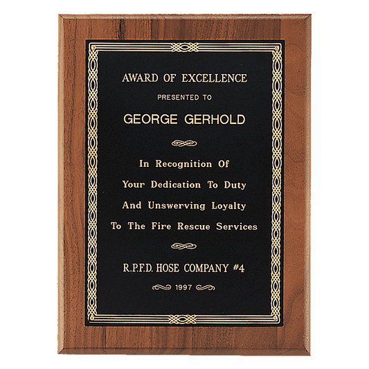 9" x 12" Jewelers Black Laserable Gold Border Plate on an American Walnut Plaque- Sheffield Series