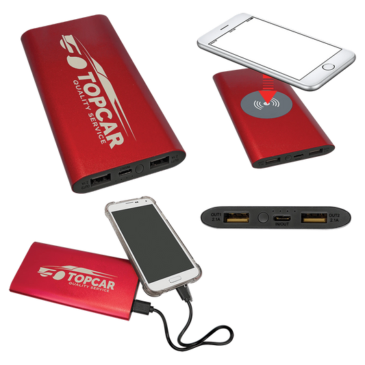 Red 8000MAH Power Bank & Wireless Anodized Aluminum Charger (anodized aluminum) — custom laser engraved — ECHIPMUNK