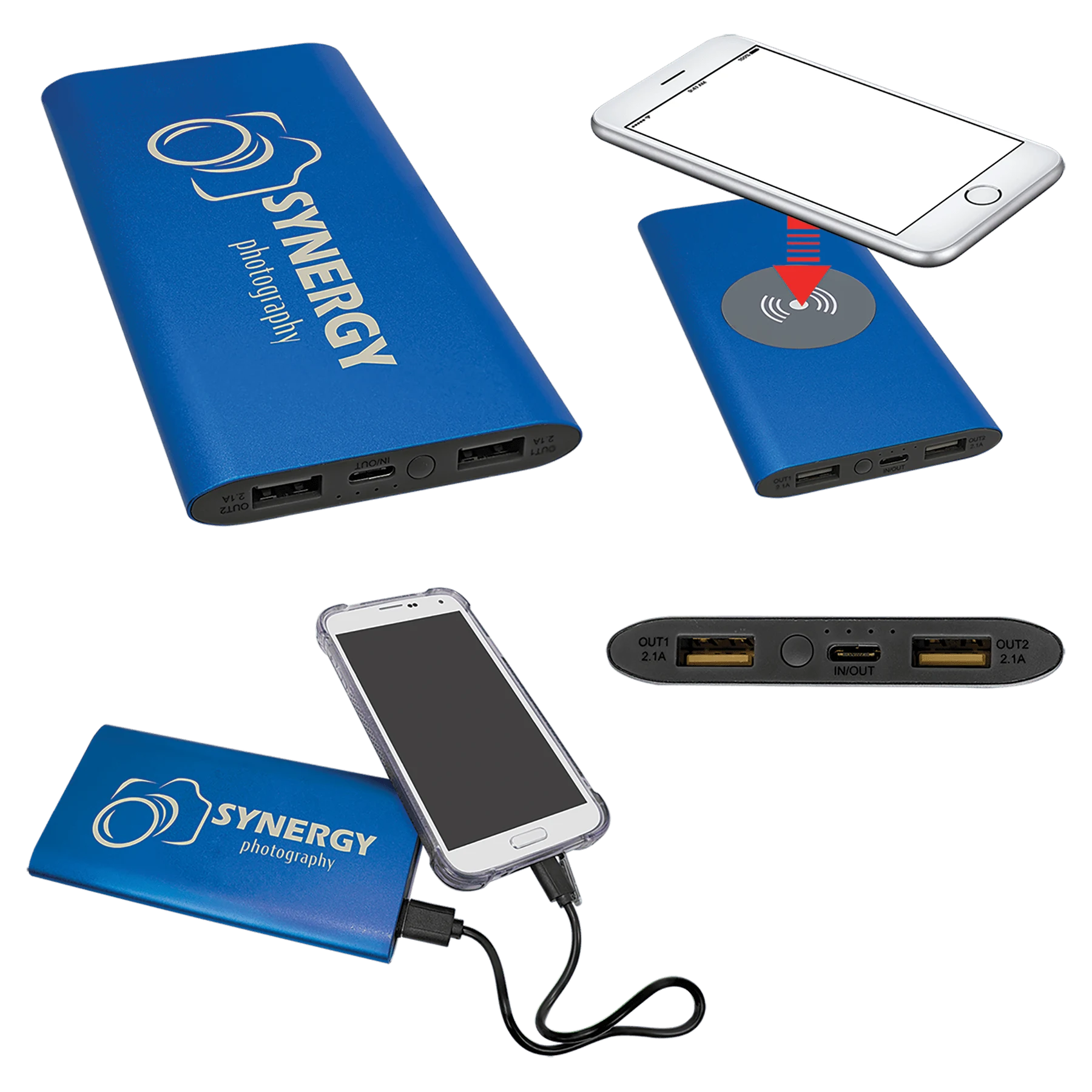 Blue 8000MAH Power Bank & Wireless Anodized Aluminum Charger (anodized aluminum) — custom laser engraved — ECHIPMUNK