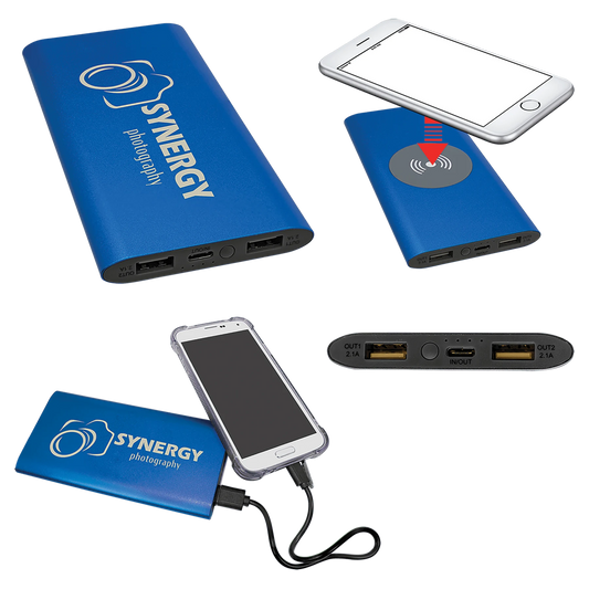 Blue 8000MAH Power Bank & Wireless Anodized Aluminum Charger (anodized aluminum) — custom laser engraved — ECHIPMUNK
