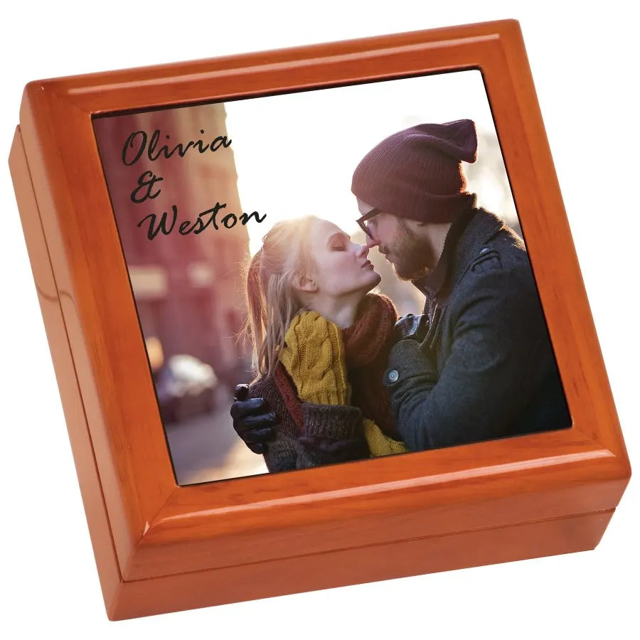 5.5" × 5.5" × 2.25" Brown Gift Box w/4.25" × 4.25" Ceramic Tile (rubber wood) — custom laser engraved — ECHIPMUNK