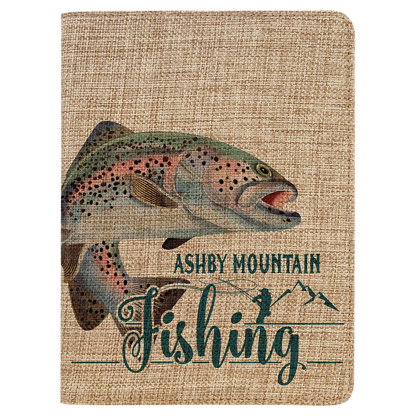 7" × 9" Burlap Small Portfolio with Notepad (polyester burlap) — custom laser engraved — ECHIPMUNK