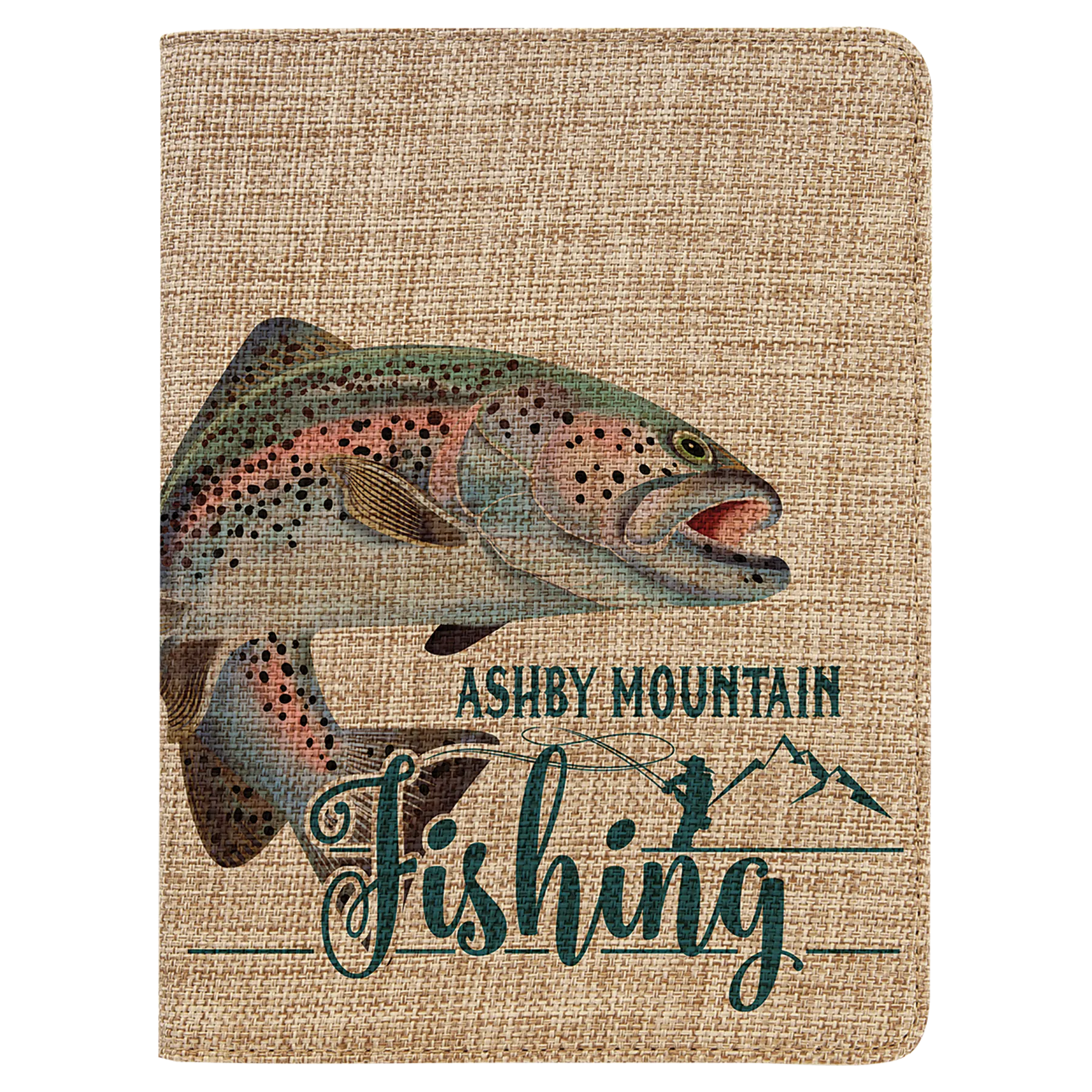7" × 9" Burlap Small Portfolio with Notepad (polyester burlap) — custom laser engraved — ECHIPMUNK