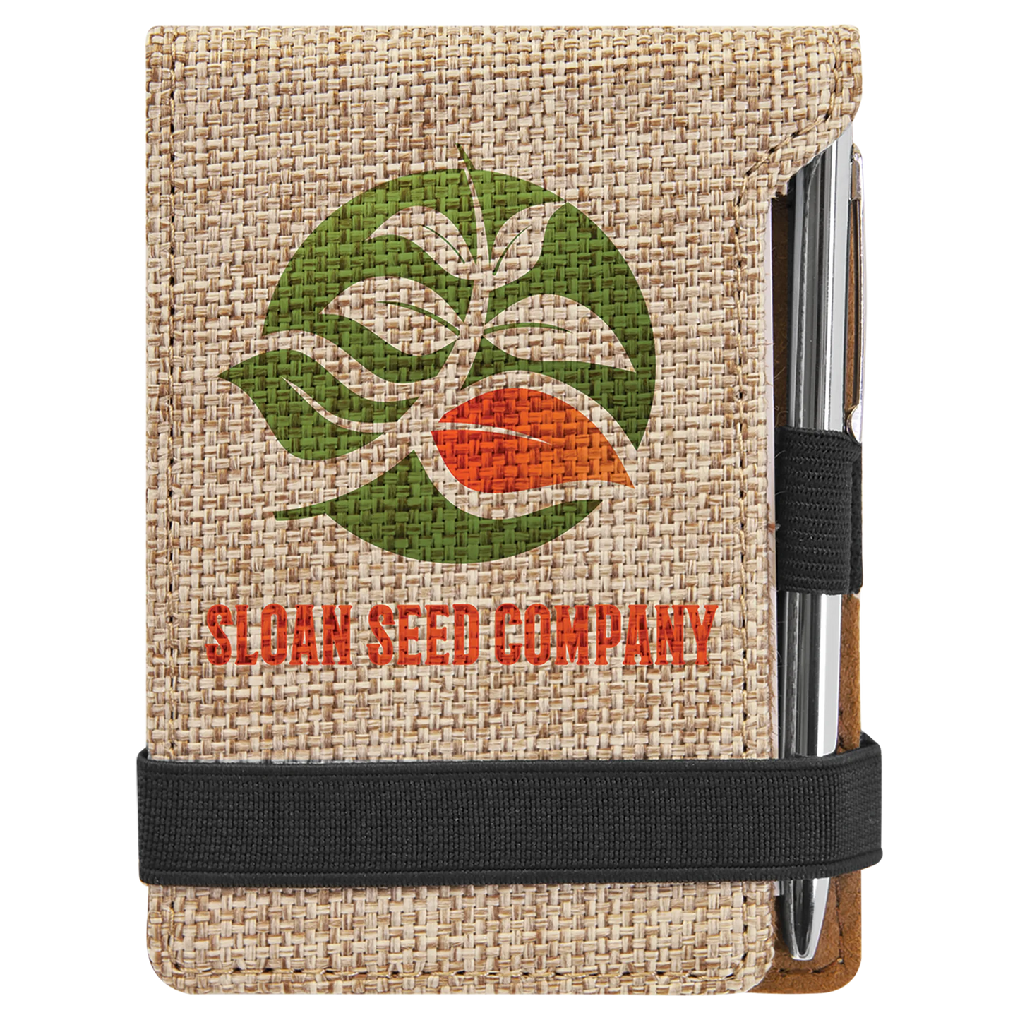 3.25" × 4.75" Burlap Mini Notepad with Pen (polyester) — custom laser engraved — ECHIPMUNK
