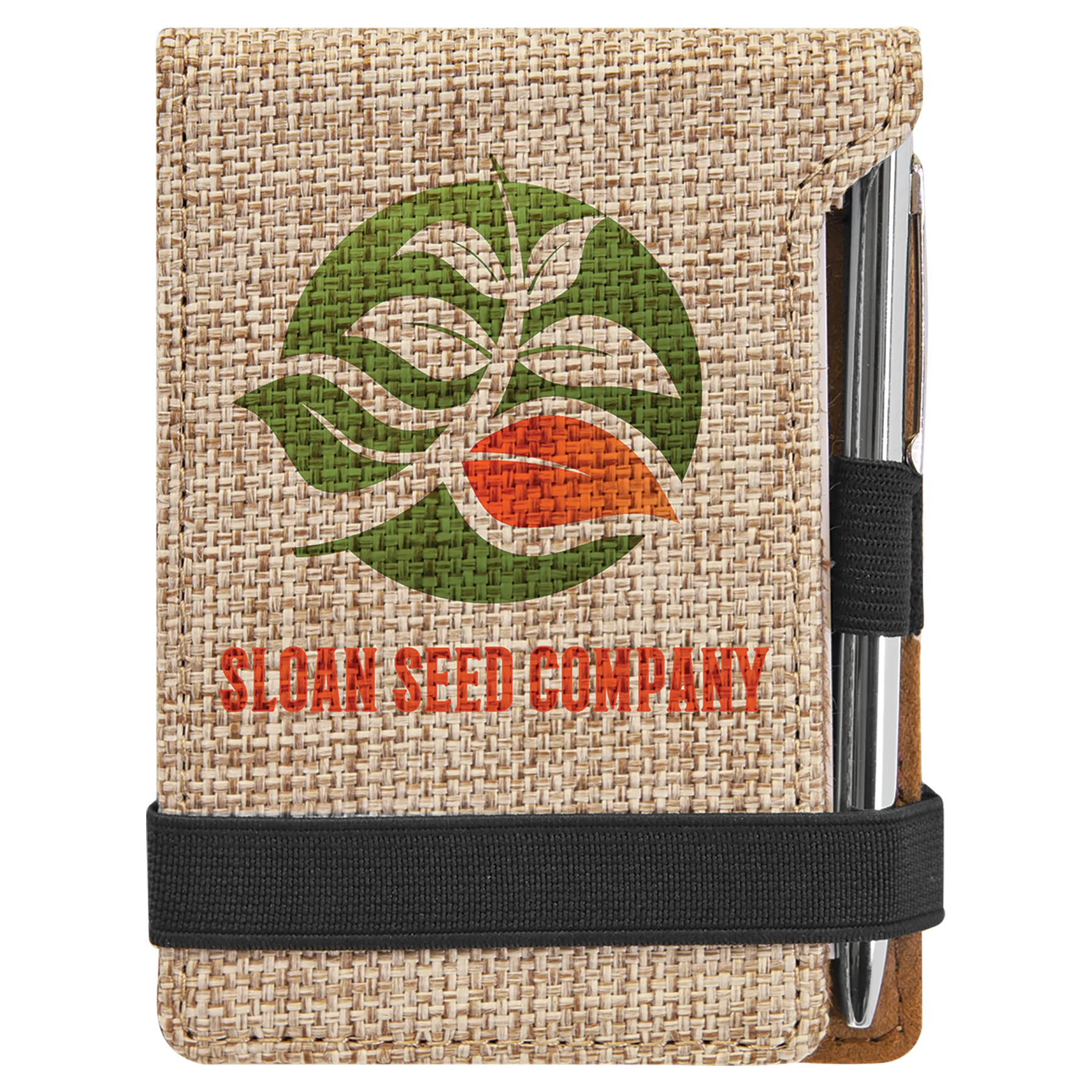 3.25" × 4.75" Burlap Mini Notepad with Pen (polyester) — custom laser engraved — ECHIPMUNK