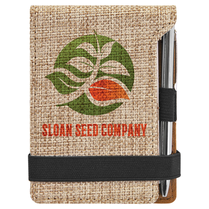 3.25" × 4.75" Burlap Mini Notepad with Pen (polyester) — custom laser engraved — ECHIPMUNK