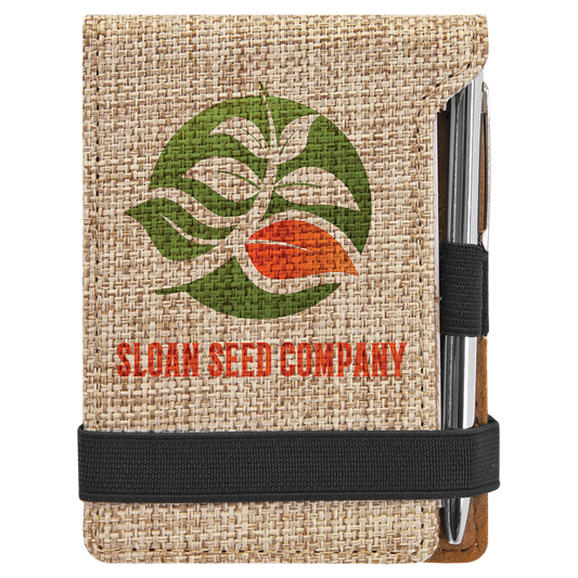 3.25" × 4.75" Burlap Mini Notepad with Pen (polyester) — custom laser engraved — ECHIPMUNK