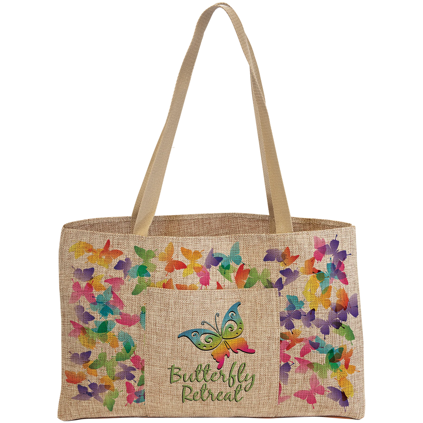 19" × 12" Burlap Shopping Bag with 5" Gusset and Outside Pocket (polyester burlap) — custom laser engraved — ECHIPMUNK