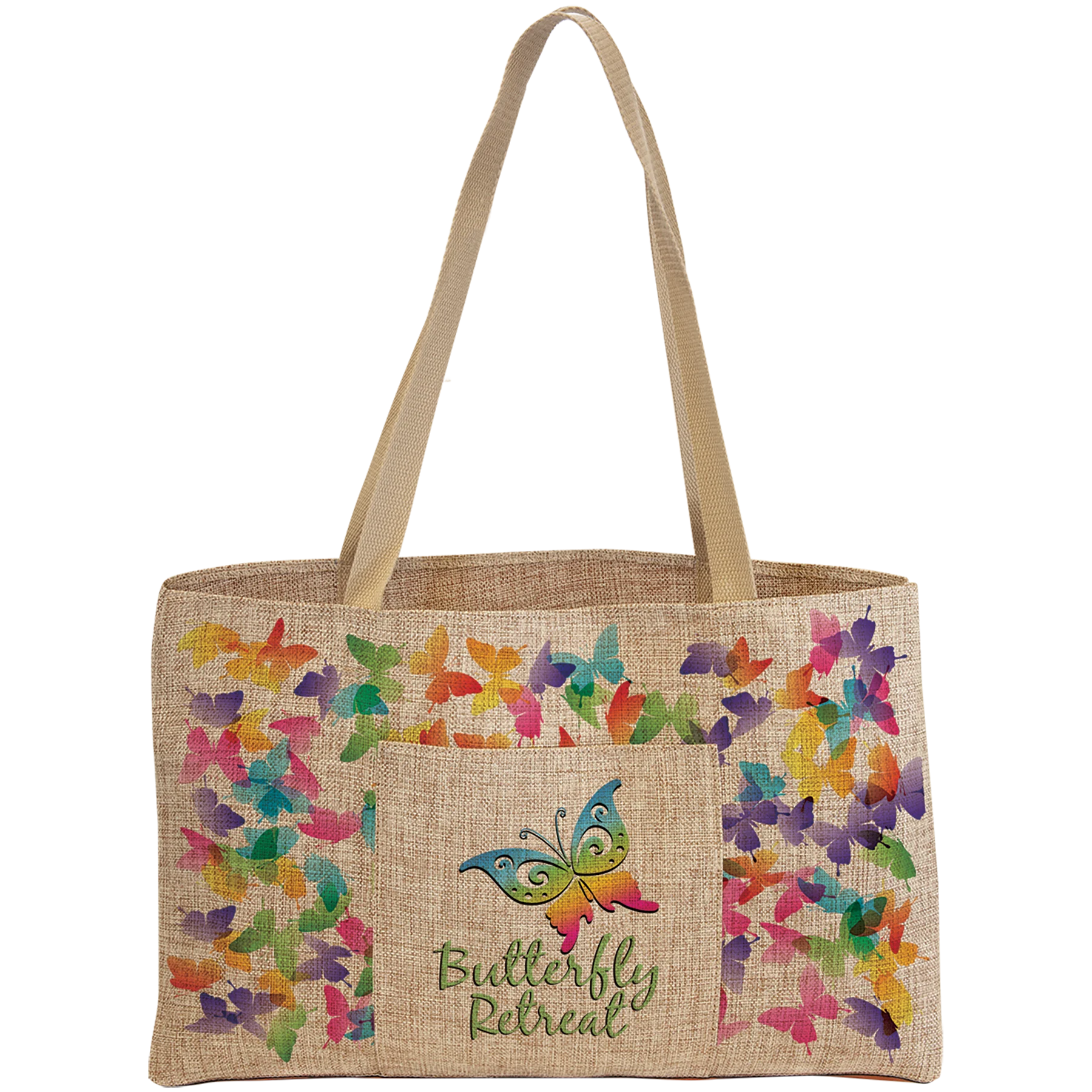 19" × 12" Burlap Shopping Bag with 5" Gusset and Outside Pocket (polyester burlap) — custom laser engraved — ECHIPMUNK