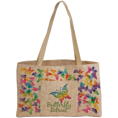 19" × 12" Burlap Shopping Bag with 5" Gusset and Outside Pocket (polyester burlap) — custom laser engraved — ECHIPMUNK