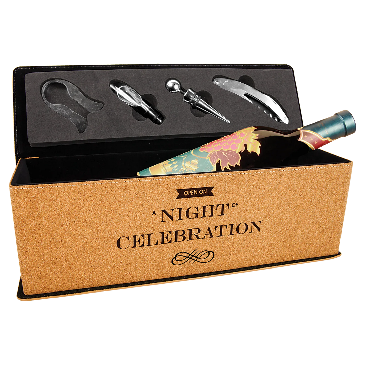 Cork Single Wine Box with Tools (agglomerated cork & cardboard & foam) — custom laser engraved — ECHIPMUNK