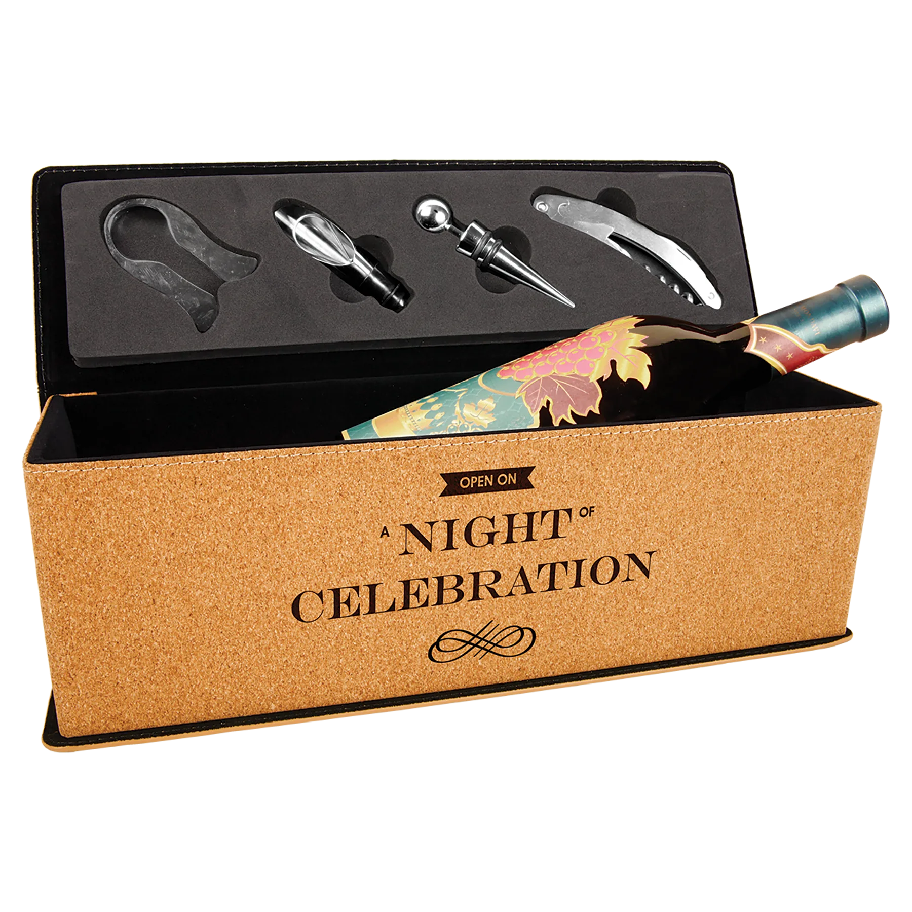 Cork Single Wine Box with Tools (agglomerated cork & cardboard & foam) — custom laser engraved — ECHIPMUNK