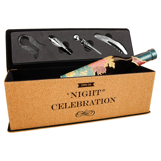 Cork Single Wine Box with Tools (agglomerated cork & cardboard & foam) — custom laser engraved — ECHIPMUNK