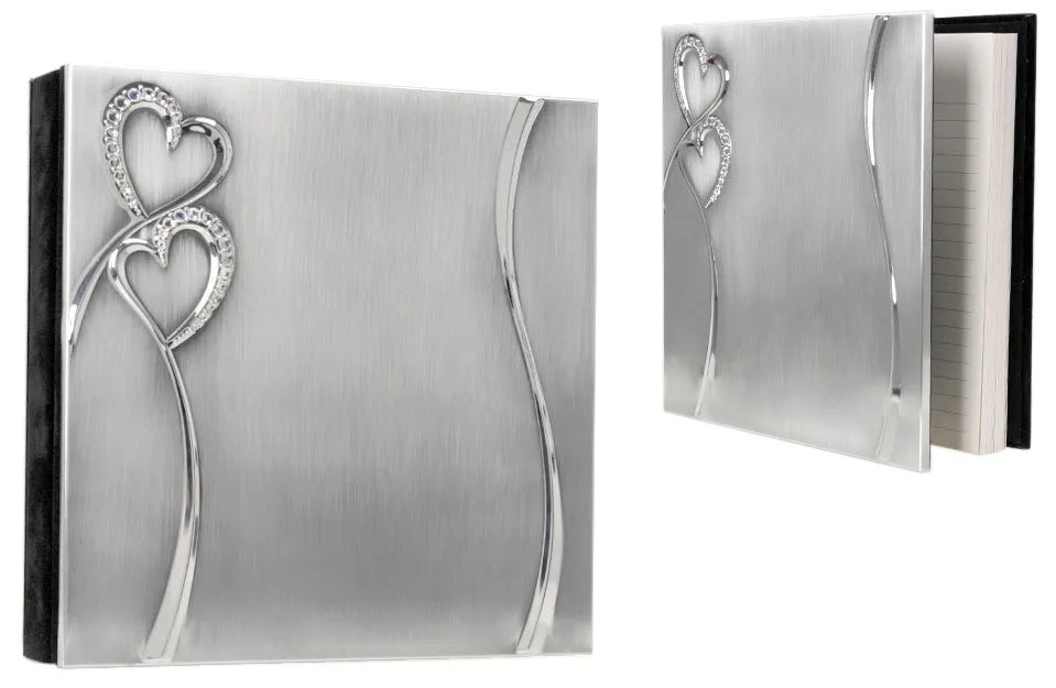 8" × 8" 2-Tone Brushed/Shiny Silver Finish Hearts Guest Book (iron sheet) — custom laser engraved — ECHIPMUNK