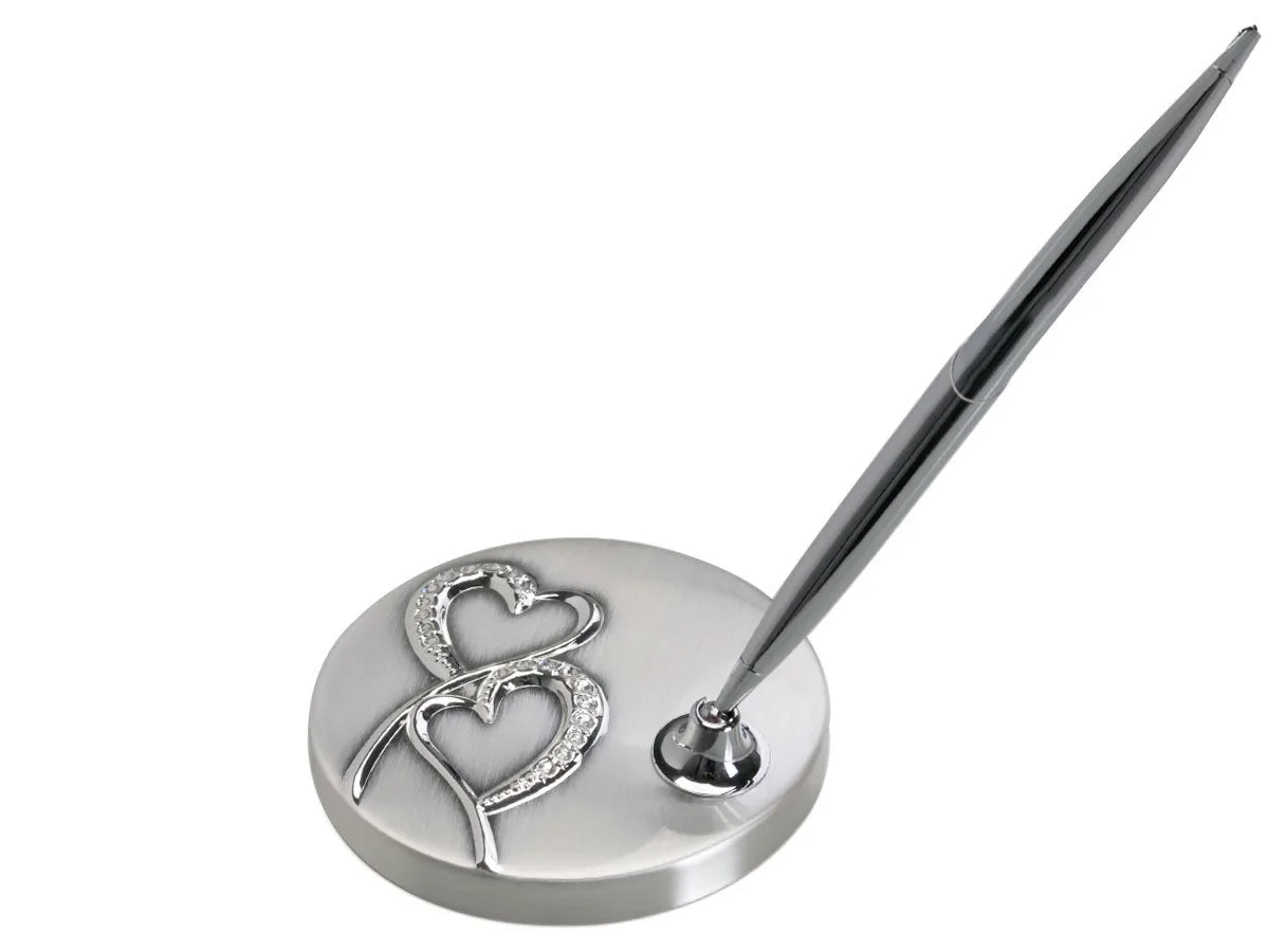 3.125" 2-Tone Brushed/Shiny Silver Finish Hearts Pen Stand (iron sheet & brass) — custom laser engraved — ECHIPMUNK