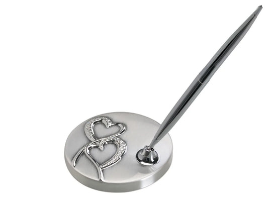 3.125" 2-Tone Brushed/Shiny Silver Finish Hearts Pen Stand (iron sheet & brass) — custom laser engraved — ECHIPMUNK