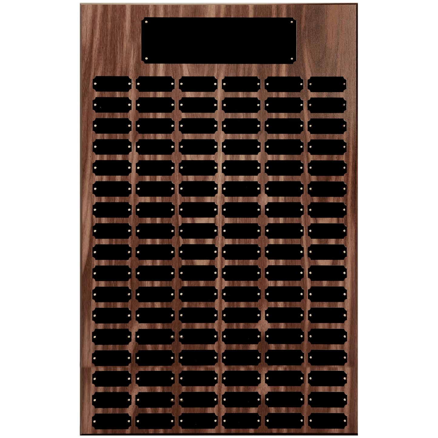 102 Black Plate Walnut Finish Completed Perpetual Plaque (particle wood) — custom laser engraved — ECHIPMUNK