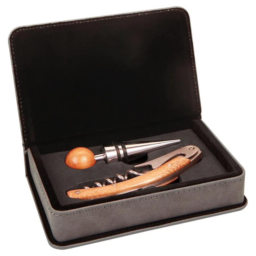 Gray 2-Piece Wine Tool Set (faux leather & foam & cardboard) — custom laser engraved — ECHIPMUNK