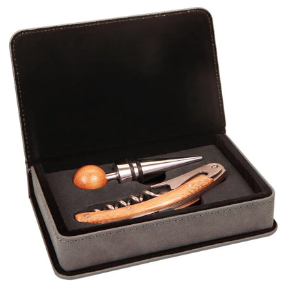 Gray 2-Piece Wine Tool Set (faux leather & foam & cardboard) — custom laser engraved — ECHIPMUNK