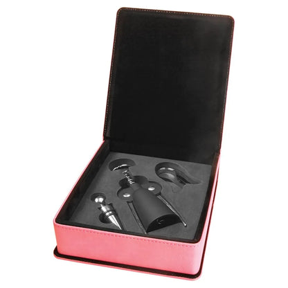 Pink 3-Piece Wine Tool Gift Set (faux leather & foam & cardboard) — custom laser engraved — ECHIPMUNK