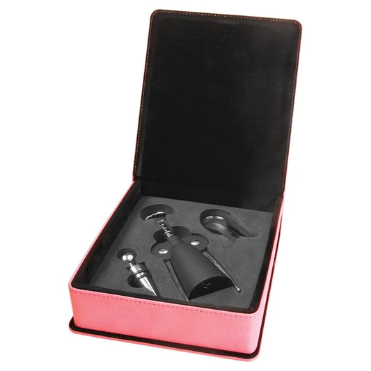 Pink 3-Piece Wine Tool Gift Set (faux leather & foam & cardboard) — custom laser engraved — ECHIPMUNK