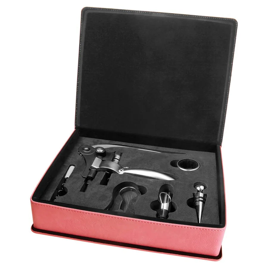 Pink 5-Piece Wine Tool Gift Set (faux leather & foam) — custom laser engraved — ECHIPMUNK