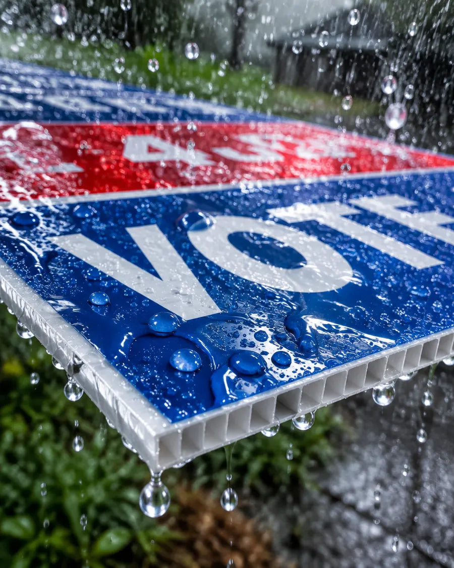 Water droplets on a 4mm Coroplast yard sign