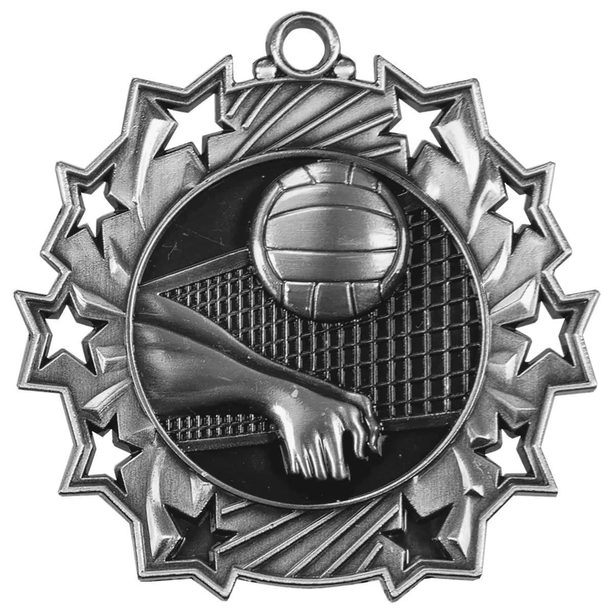 Antique Silver 2 1/4" Volleyball Ten Star Medal