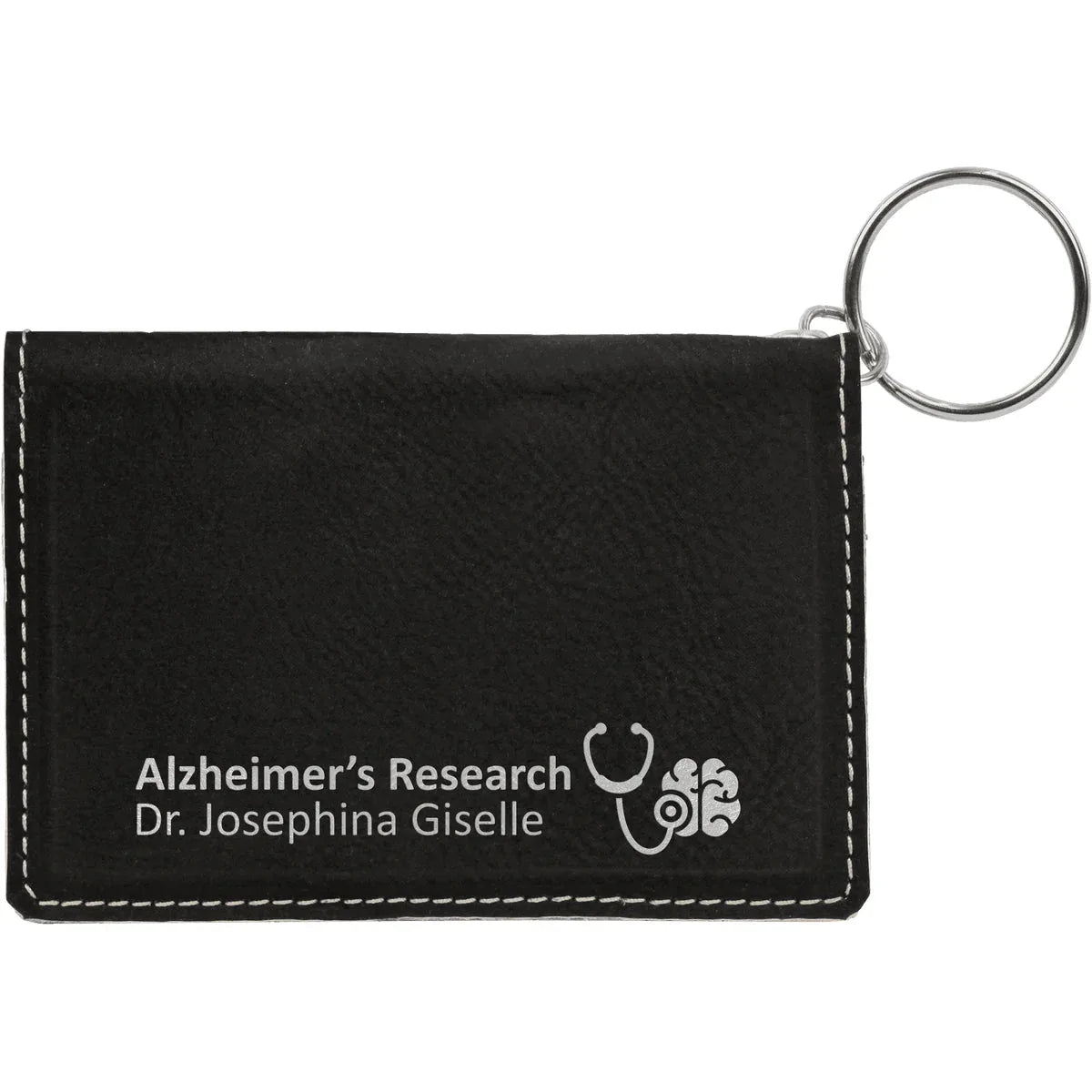 Black/Silver 4 1/4" x 3" Laserable Leatherette Keychain ID Holder