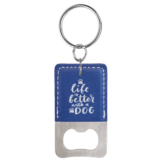 Blue/Silver Rectangle Laserable Leatherette Bottle Opener Keychain
