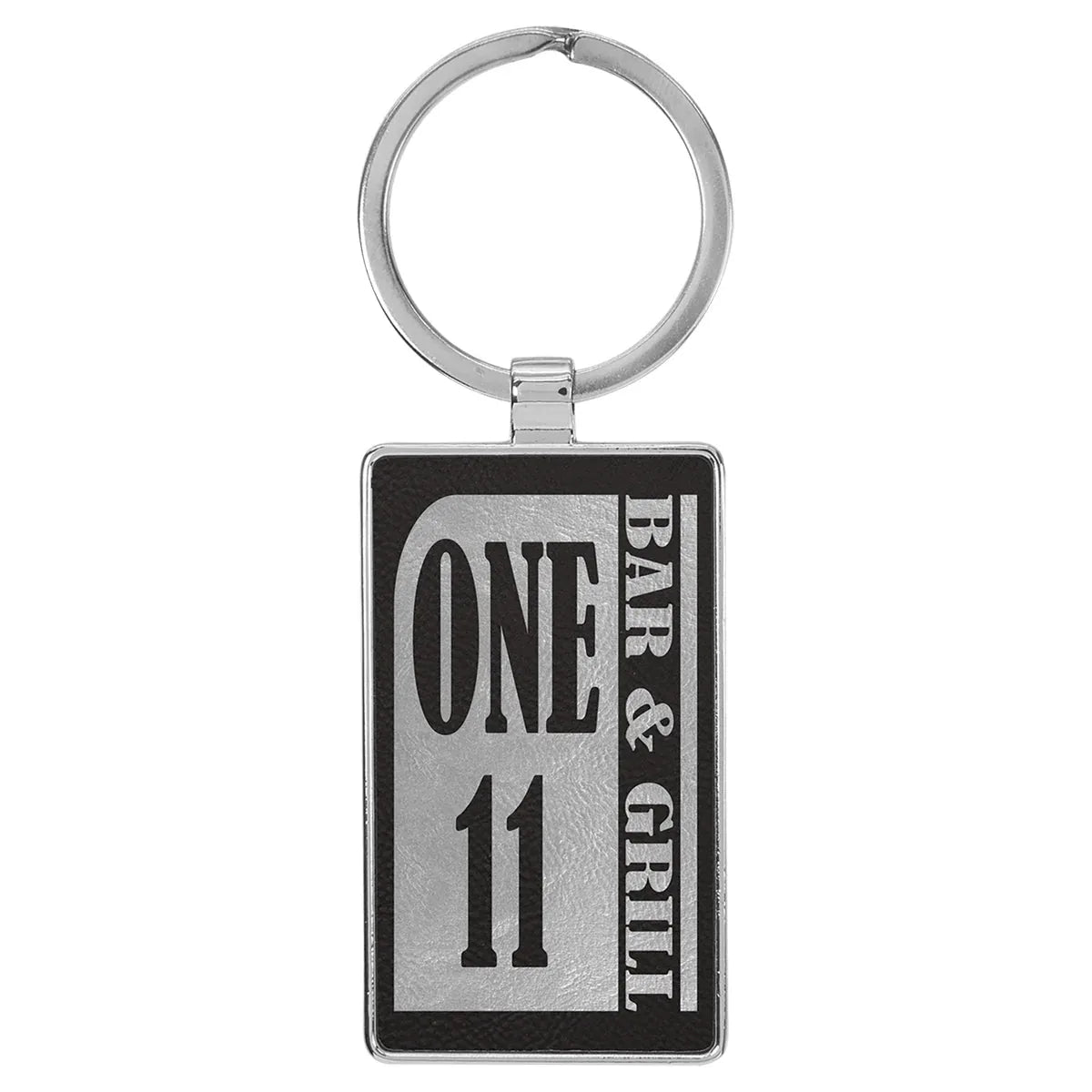 Black/Silver 2 3/4" x 1 1/4" Laserable Leatherette/Metal Rectangle Keychain