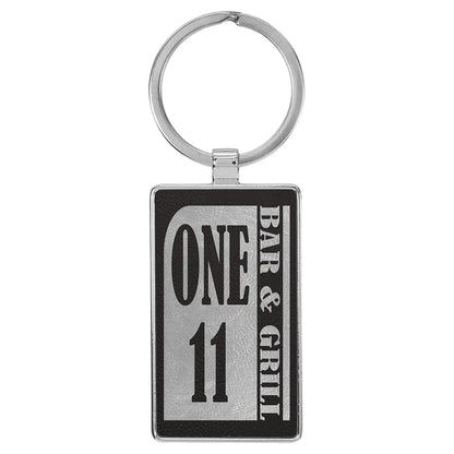 Black/Silver 2 3/4" x 1 1/4" Laserable Leatherette/Metal Rectangle Keychain