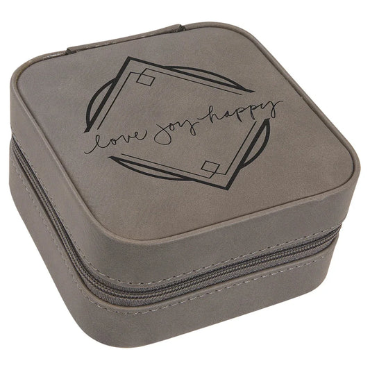 Gray 4" X 4" Laserable Leatherette Travel Jewelry Box with Tan Lining