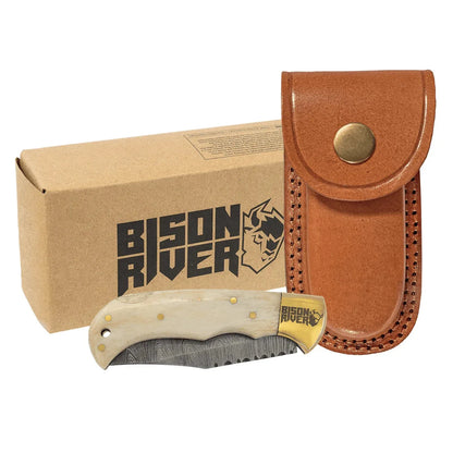 Bison River 3 3/4" Bone Folding Knife with Damascus Steel Blade and Leather Sheath