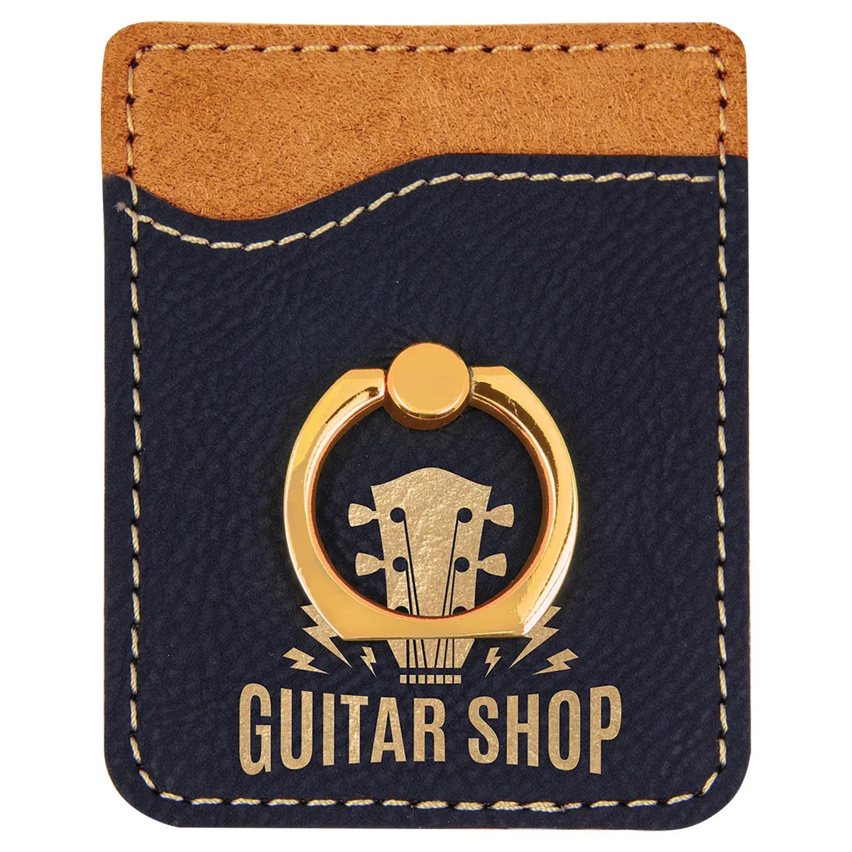 Black/Gold Laserable Leatherette Phone Wallet with Gold Phone Wallet with Silver Ring