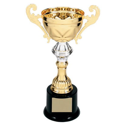 Gold 8 3/4" Completed Metal Cup Trophy on Plastic Base