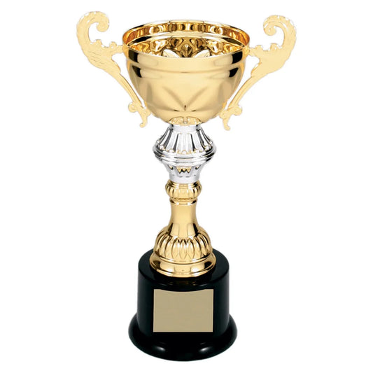 Gold 8 3/4" Completed Metal Cup Trophy on Plastic Base