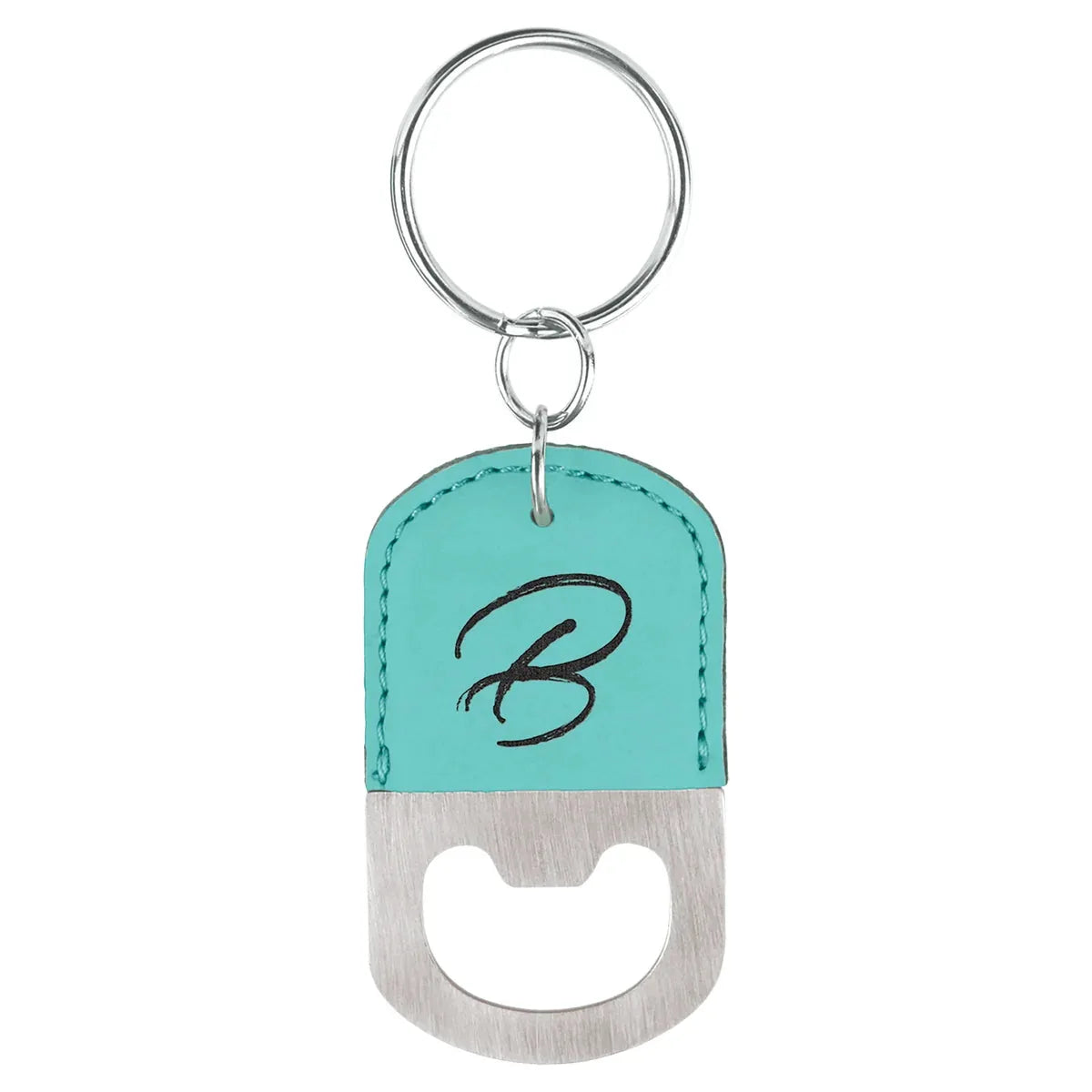 Teal Oval Laserable Leatherette Bottle Opener Keychain