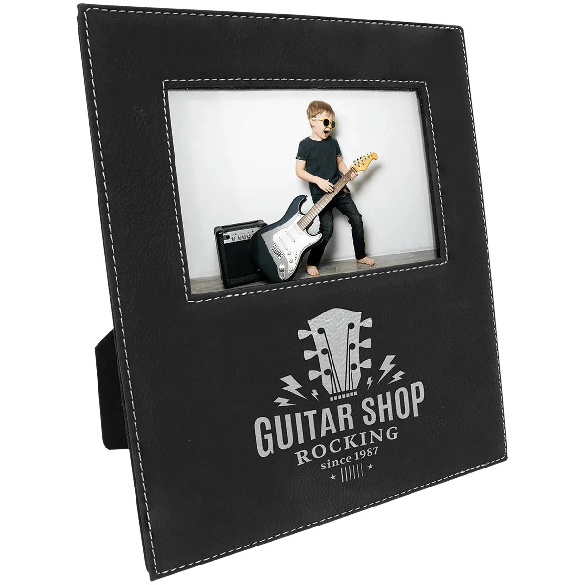Black/Silver 4" x 6" Leatherette Photo Frame with 4 1/4" x 7 7/8" Engraving Area
