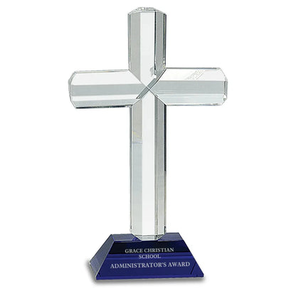 Blue 8 1/2" Crystal Cross on Pedestal Base