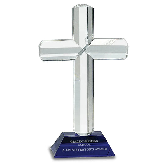 Blue 8 1/2" Crystal Cross on Pedestal Base