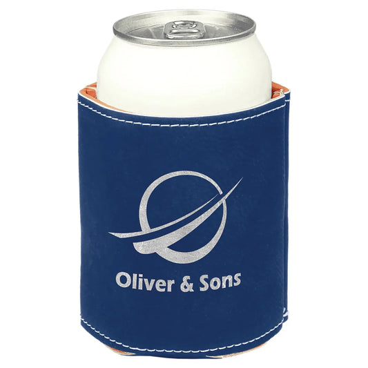 Blue/Silver 3 3/4" Laserable Leatherette Beverage Holder