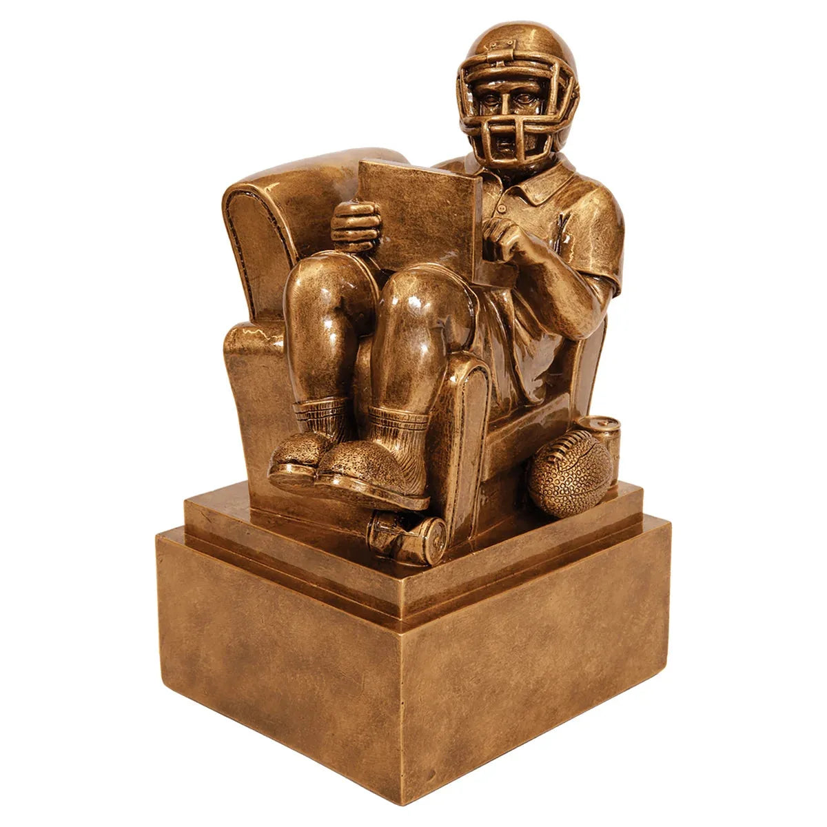 Custom Antique Gold Fantasy Football Man in Chair Resin (9") — Engraved Plate | Award-Ready