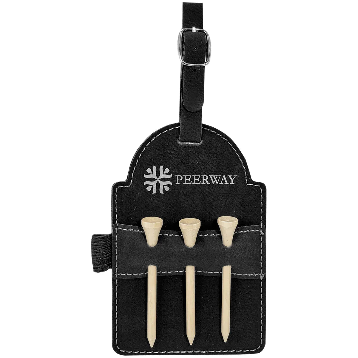 Black/Silver 5" x 3 1/4" Laserable Leatherette Golf Bag Tag with 3 Wooden Tees
