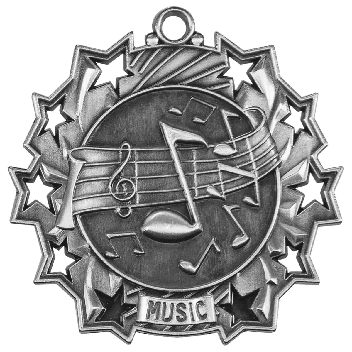 Antique Silver 2 1/4" Music Ten Star Medal