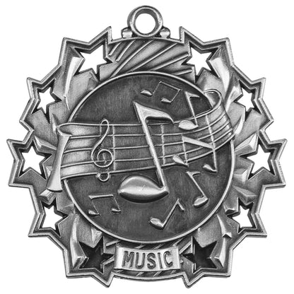Antique Silver 2 1/4" Music Ten Star Medal
