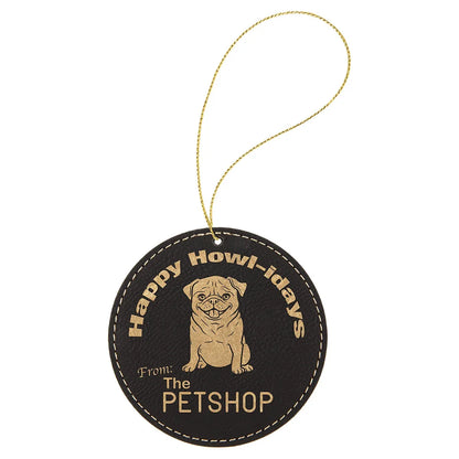 Black/Gold Laserable Leatherette Round Ornament with Gold String