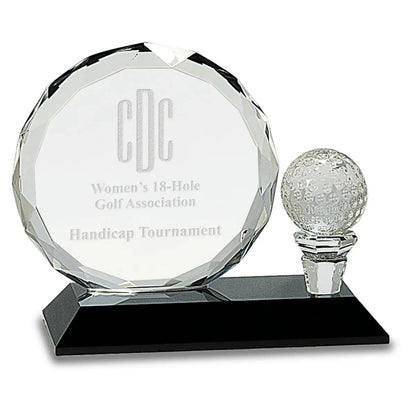 5 1/2" Round Facet Crystal with Golf Ball on Black Pedestal Base