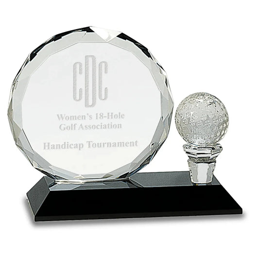5 1/2" Round Facet Crystal with Golf Ball on Black Pedestal Base